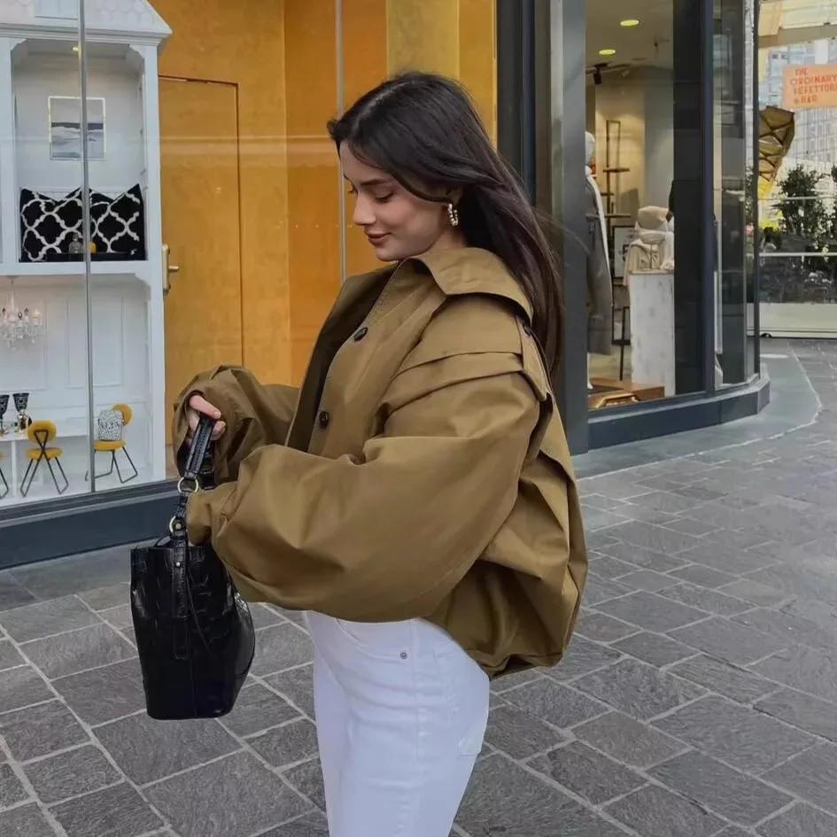 Retro Ruffled Women's Autumn Jacket Turn Down Collar Single Breasted Spliced Loose Coat For Female Minimalist Elegant Lady Coat