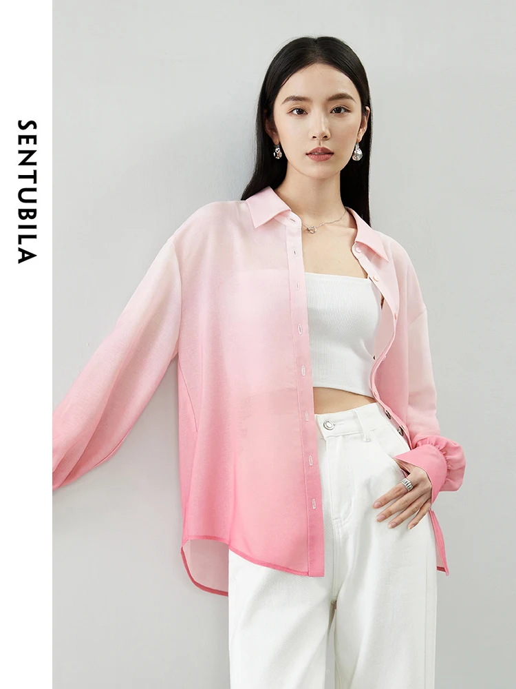 SENTUBILA Gradient Pink Women Shirts 2024 Spring Fashion Button Up Shirts & Blouses Casual Loose Long Sleeve Tops 141C53411