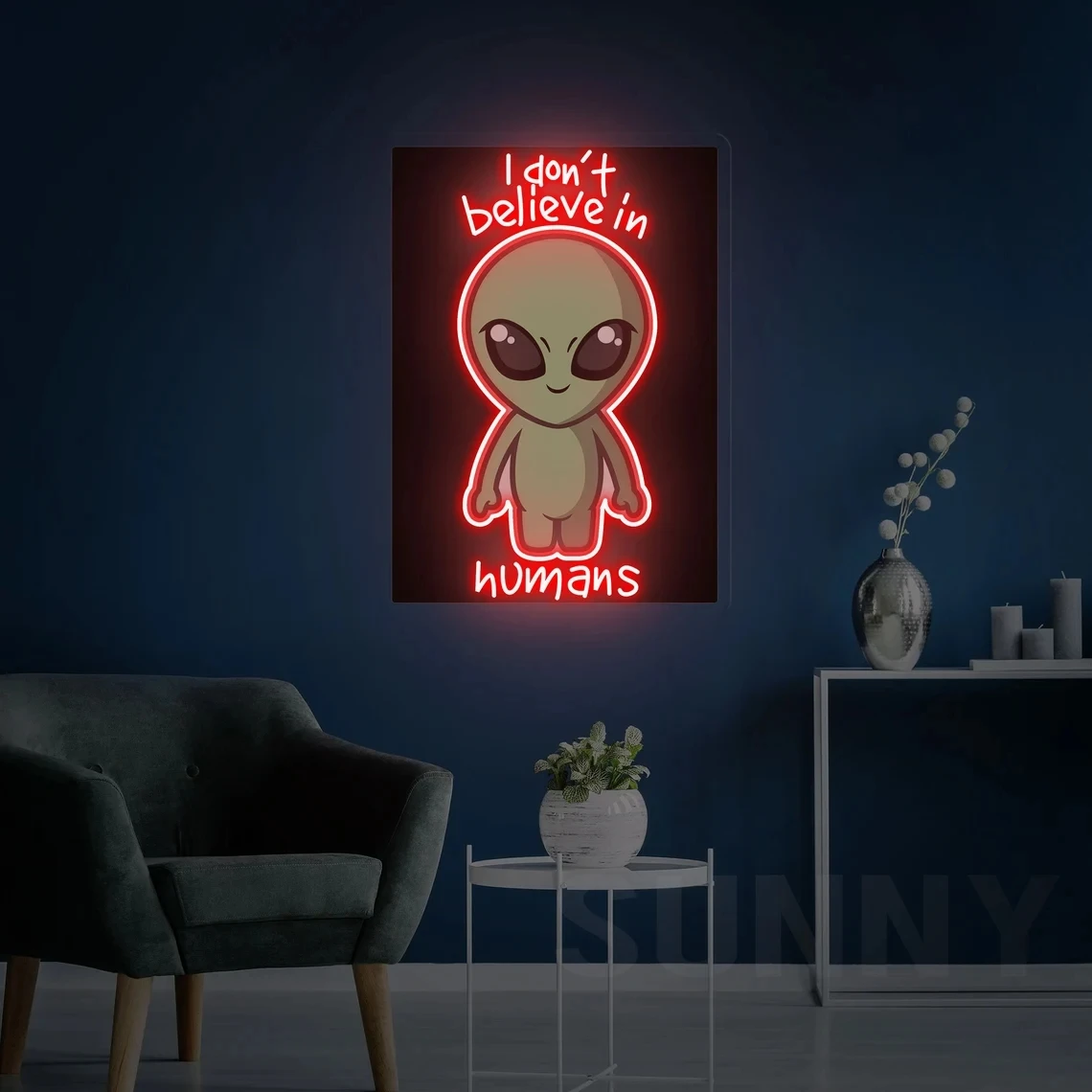 Alien Led Neon Sign, I don't believe in humans neon sign, UV Printing Acrylic Artwork, Sign, Kids Gift Neon Sign, UFO Fan Gift W