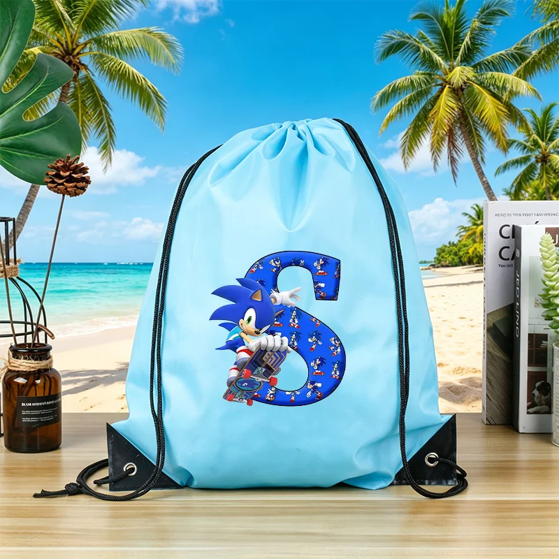 Bolsa con cordón con dibujos de letras A-Z, color azul, resistente al agua, para Sonic, mochila para niños de gran capacidad, bolsa de compras portátil con dibujos animados, regalo