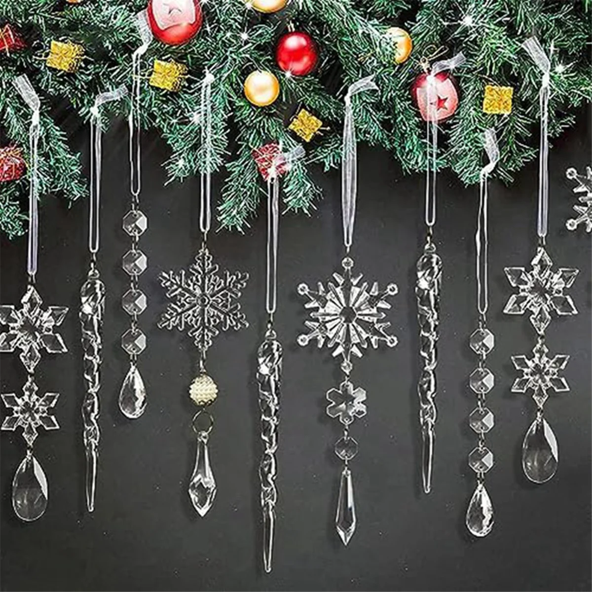 10Pcs Acrylic Fake-Icicles Christmas Snowflake Pendants Xmas Tree Icicle Hanging Ornaments Christmas-Decoration Set