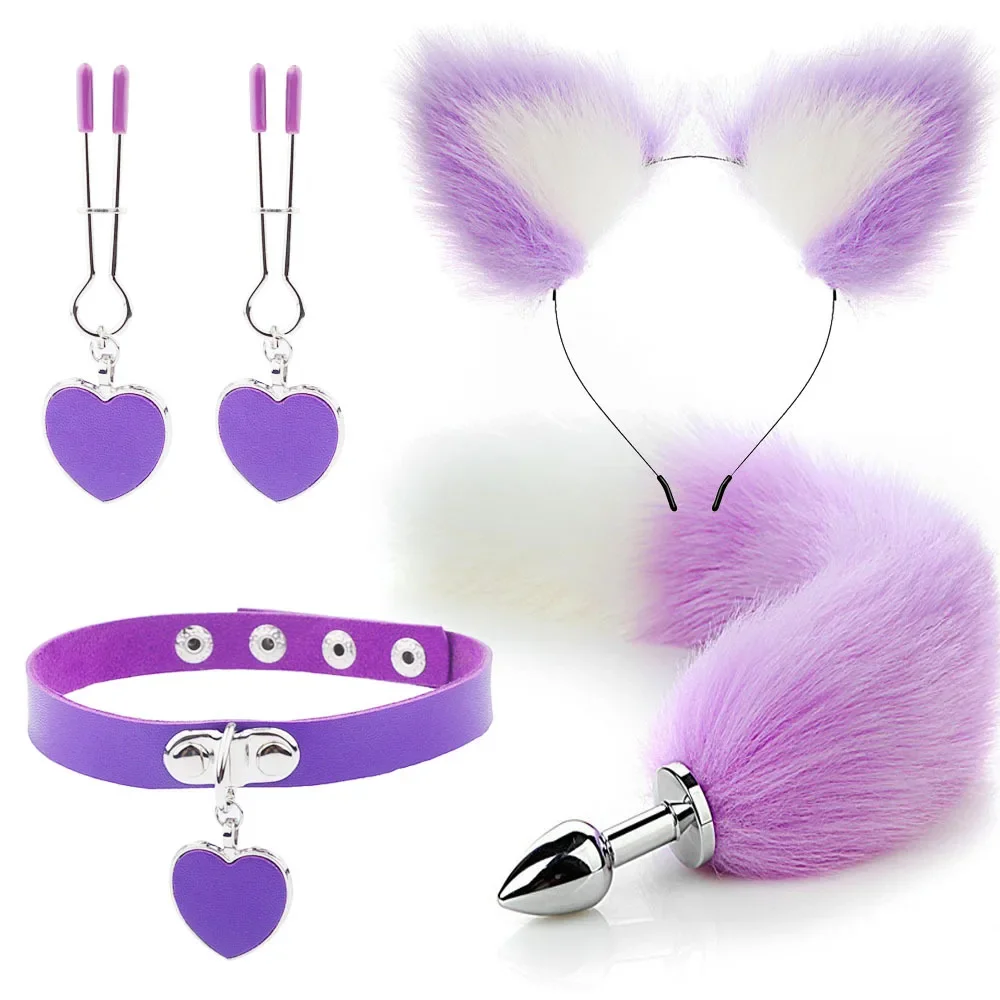 Juguetes sexuales anales con cola de zorro para mujer, tapón Anal, diadema de oreja de gato de felpa Sexy con collar de campanas, conjunto de