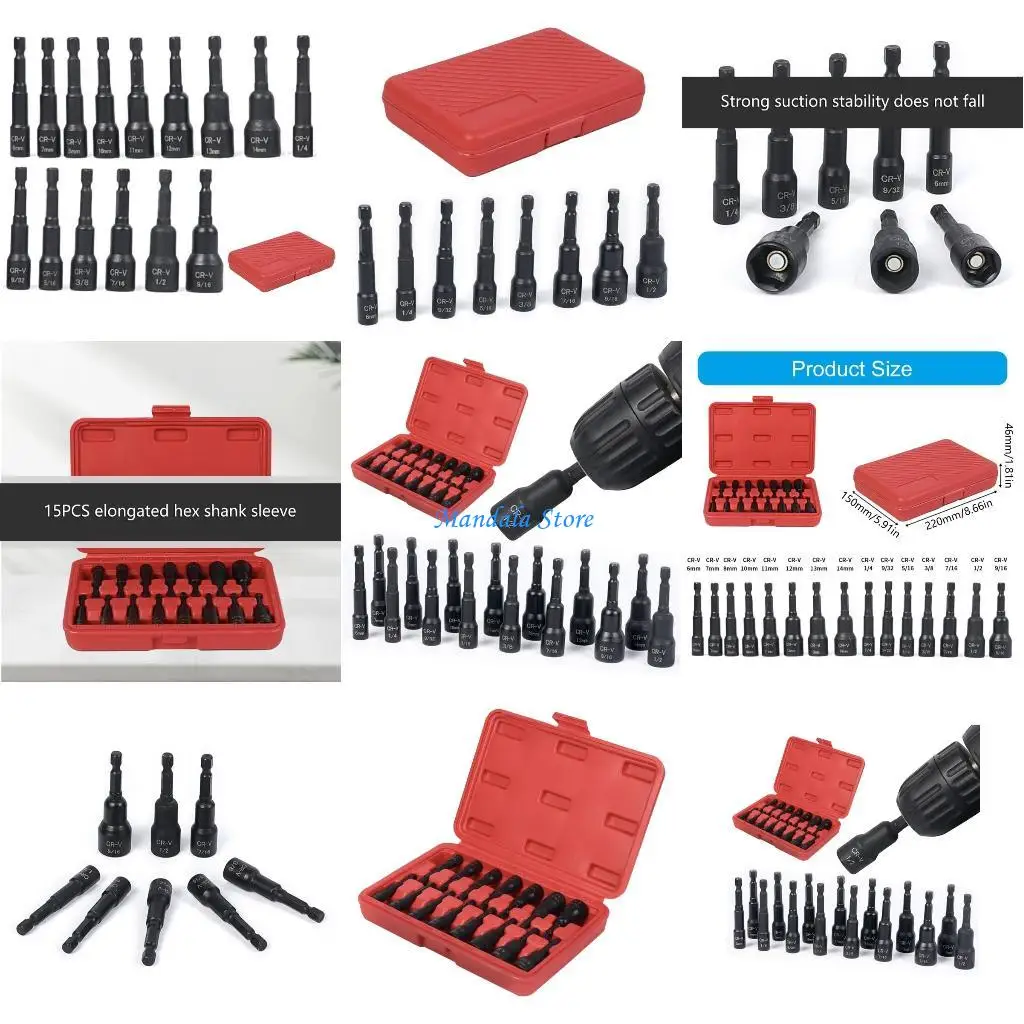 

U2JC 15Pcs Driver Hexagonal Power Nut Driver Drill Bit Tool Socket Wrench Set