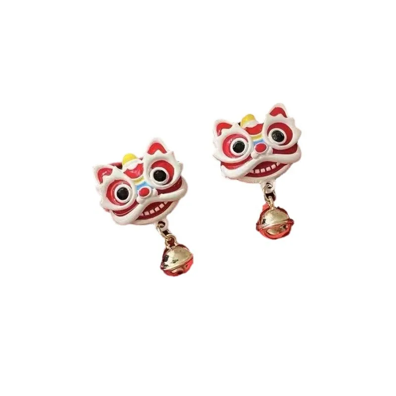 Chinese Style 2024 Red Little Lion Bell Pendant Earrings for Women The Year of The Dragon Gift New Year Festive Jewelry Gifts