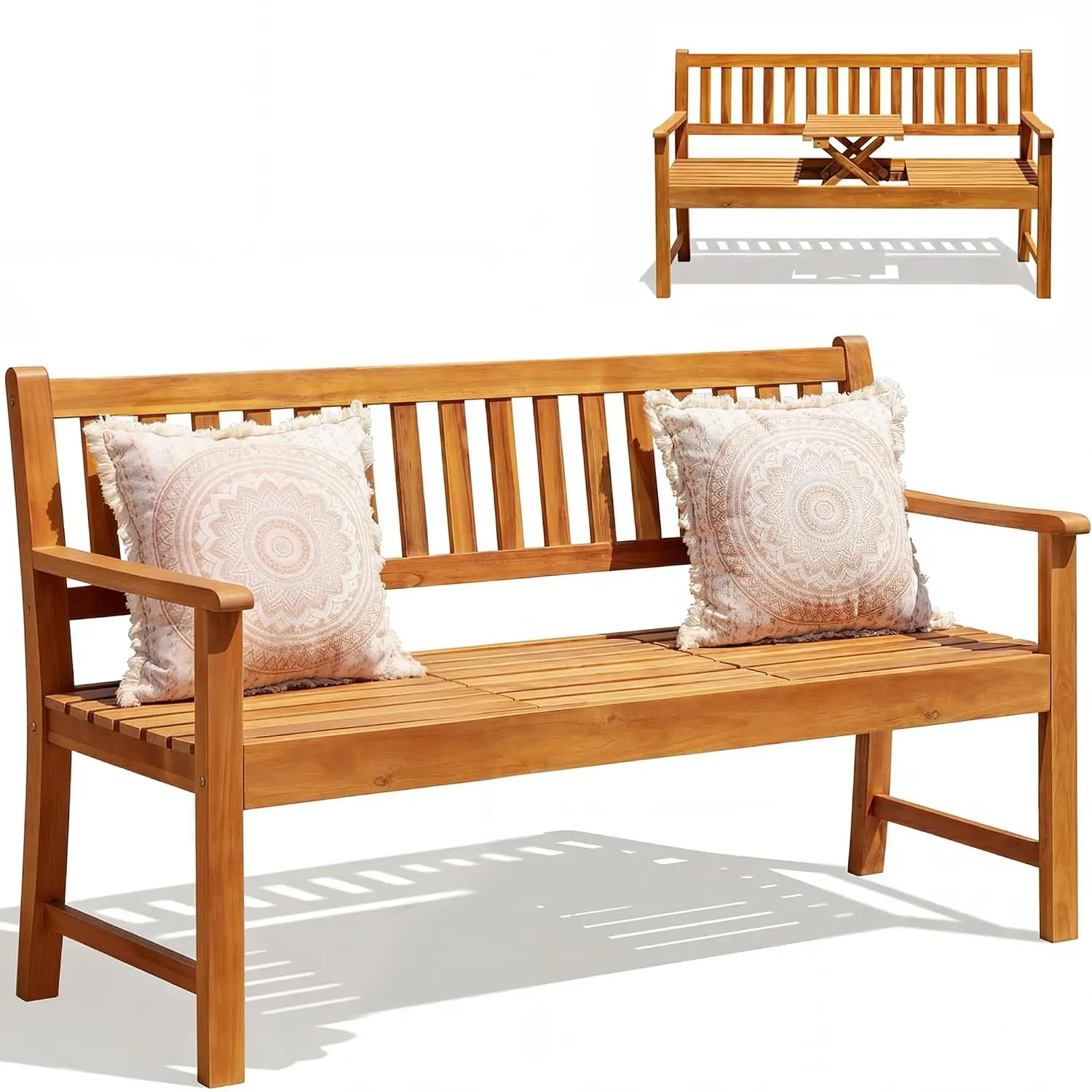 Acacia Wood Outdoor Bench 2-Person with Pull-Out & Adjustable Table Patio Porch Backyard Balcony Garden Furniture, Customized