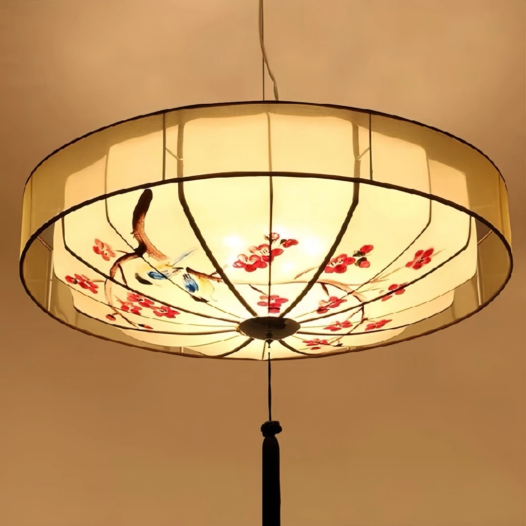 New Chinese Plum Blossom Drum Pendant Light for Dining Tea Room Entryway Oriental Zen Retro Warm Traditional Home Ceiling Decor