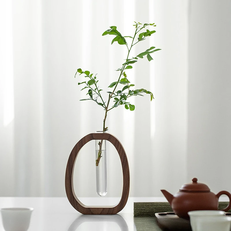 Walnut Solid Wood Flower Ware Creative Flower Arrangement Decoration Simple Glass Plant Flower Stand mini Water-Cultured Vase