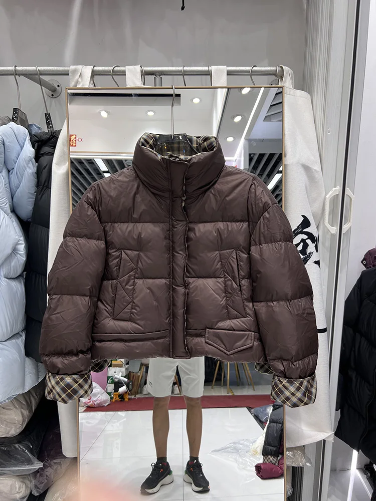 2025年新作 ダウンジャケット レディース ショート丈 スタンドカラー チェック柄 デザイン感 ルーズ 多用途 カジュアル ホワイトダックダウンジャケット