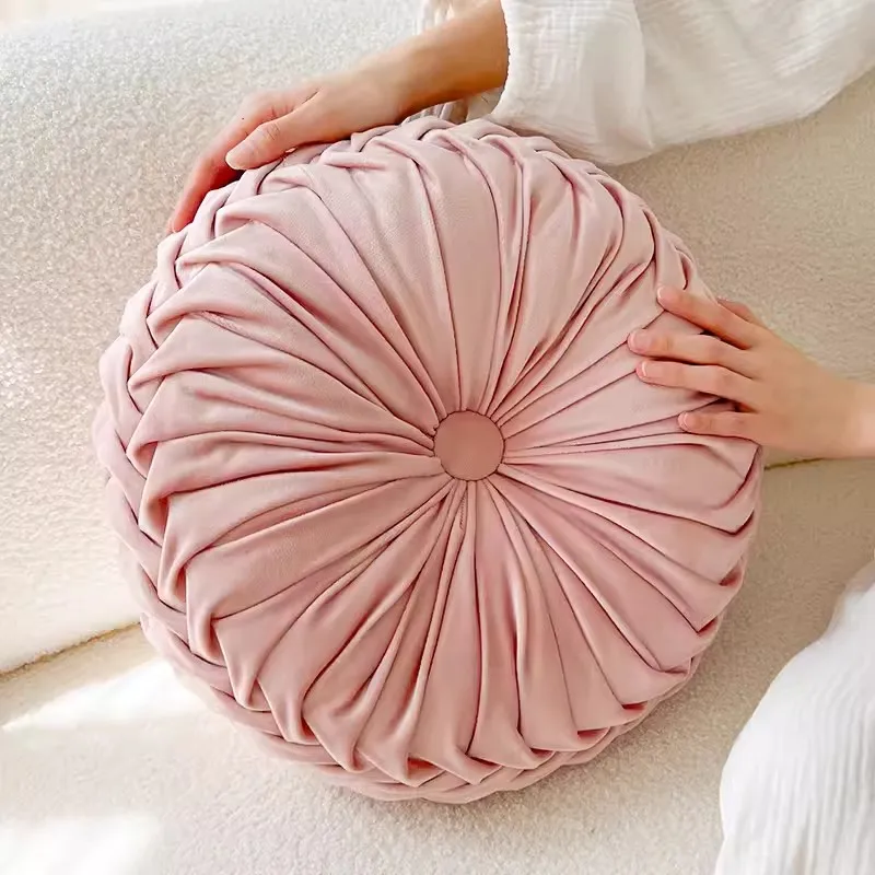 Valentine's Day Round Velvet Pleated Throw Pillows 15'' Boho Pumpkin Accent Cushion for Couch Sofa Chair Romantic Home Decor
