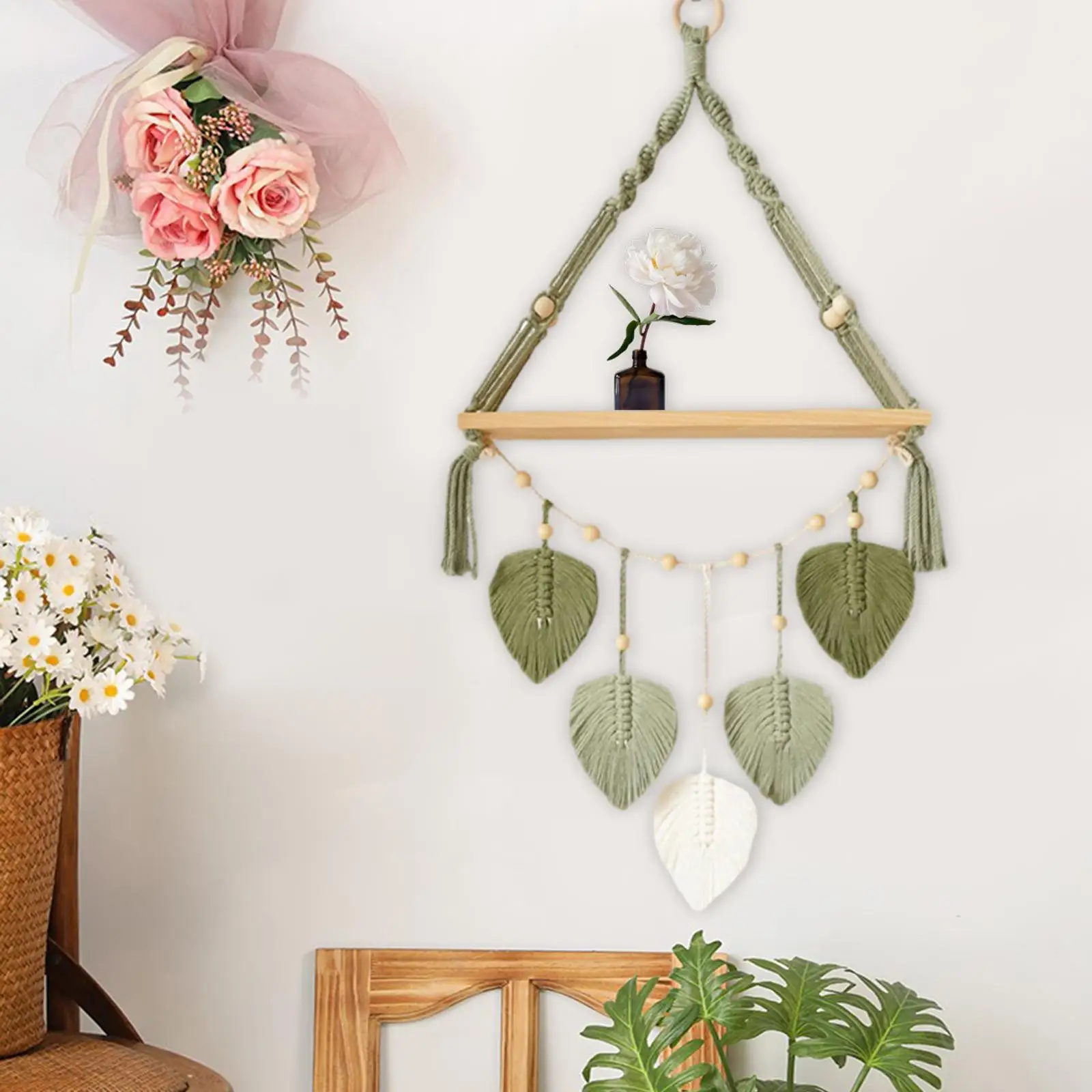 Leaves Macrame Wall Hanging Tapestry Wall Art Decoration Chic Wooden Floating Shelf for Home Kitchen Bedroom Backdrop Apartment