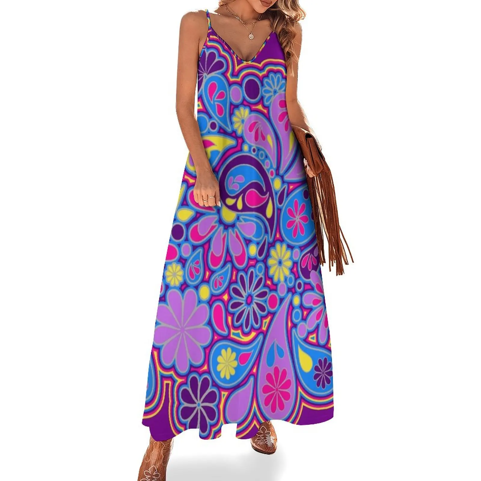 

Retro Paisley Flower Bohemian Hippie Art Sleeveless Long Dress summer dress korean women Woman clothes Party dresses Dress