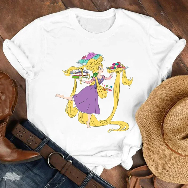 Disney Rapunzel Graphic Children Tshirt Girl Clothing Cartoon Printed Casual T-shirt Summer Short Sleeve Cotton Top Baby Kid Tee