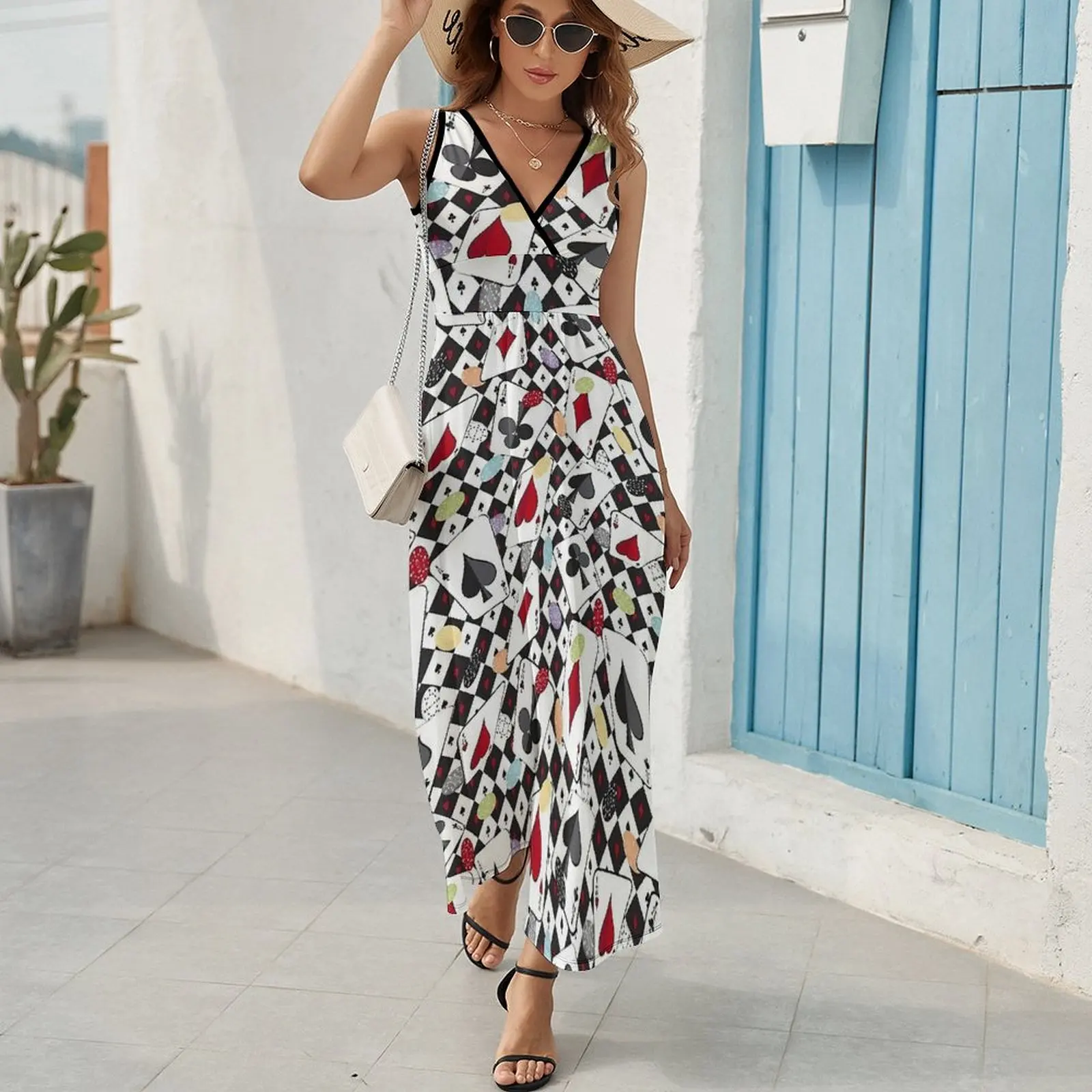 Casino Playing Card Print Dress Women  Vintage Maxi Dress V Neck High Waist Casual Custom Bohemia Long Dresses