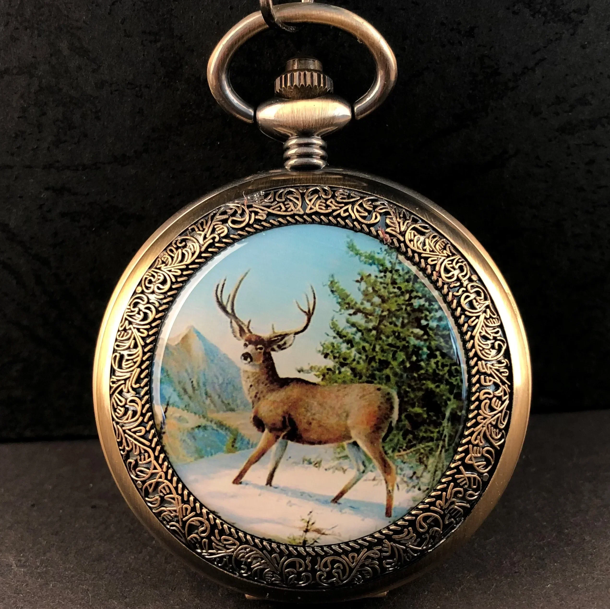 ساعة جيب ميكانيكية متعددة الوظائف بتصميم ريترو إلك إبداعي للرجال والنساء، قلادة أنيقة على شكل قلادة هدية عيد الميلاد #1