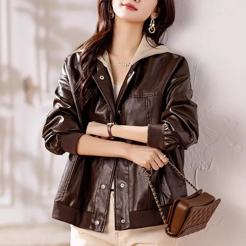 Korean Oversized Baseball Jacket Womens 2023 New Popular Autumn Loose Fitting And Stylish Detachable Hat Leather Coat z3194