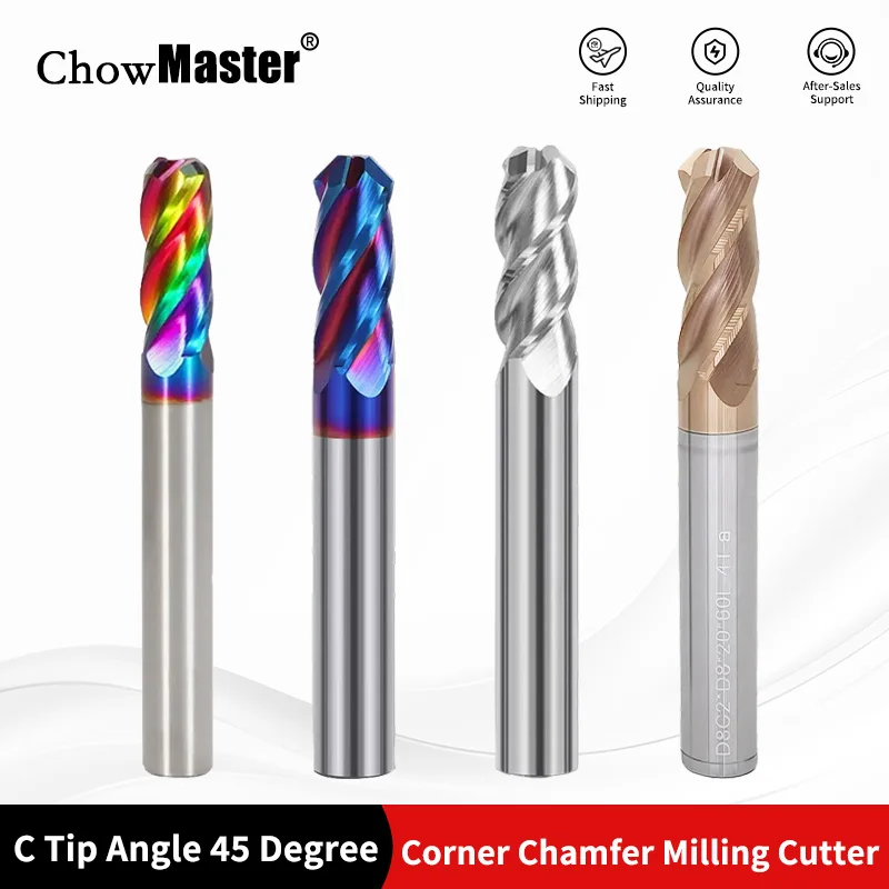 

Твердосплавная концевая фреза Chowmaster, наконечник C, угол 45 градусов, угловая фаска, фреза из карбида вольфрама, инструмент с ЧПУ для удаления заусенцев для металла