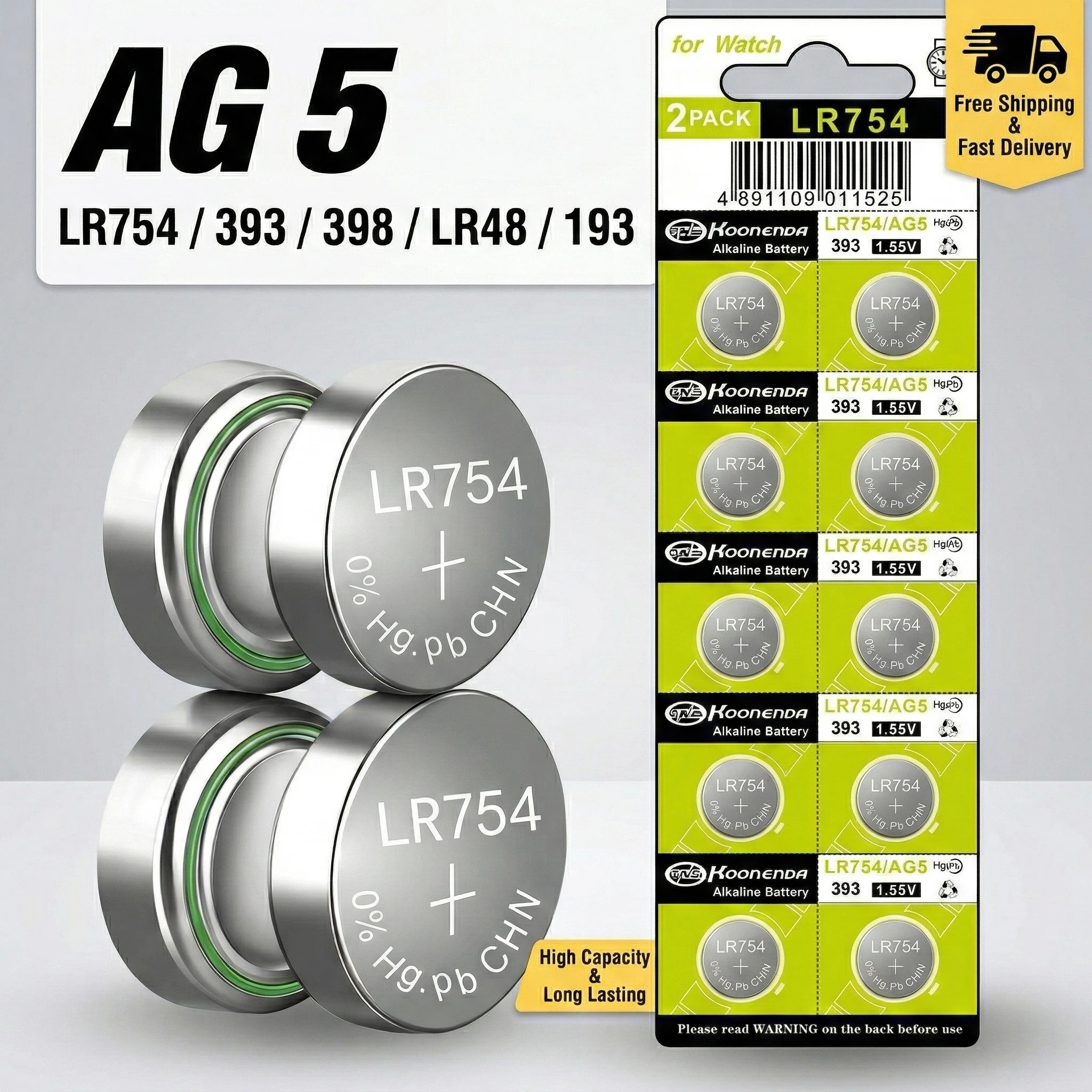 

AG5 LR754 1.55V Button Coin Battery 10-50PCS 393 193 SR754SW L754 LR48 for Watch Clock Toys