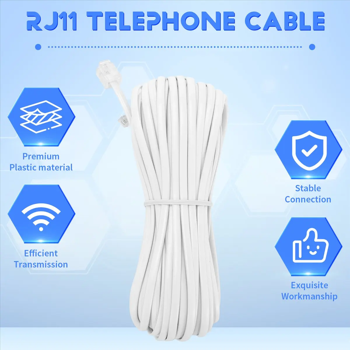 A427F Perfect ★◀◁White Male 6P2C RJ11 Plug Telephone Fax Modem Line Cable, 14M for Landline Telephone