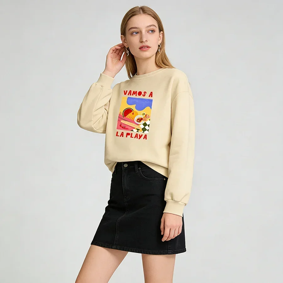 

2025 Fashion Pullovers Women Round Neck Long-sleeved Velvet Winter Casual Vacation Style Beach Print Sweatshirt