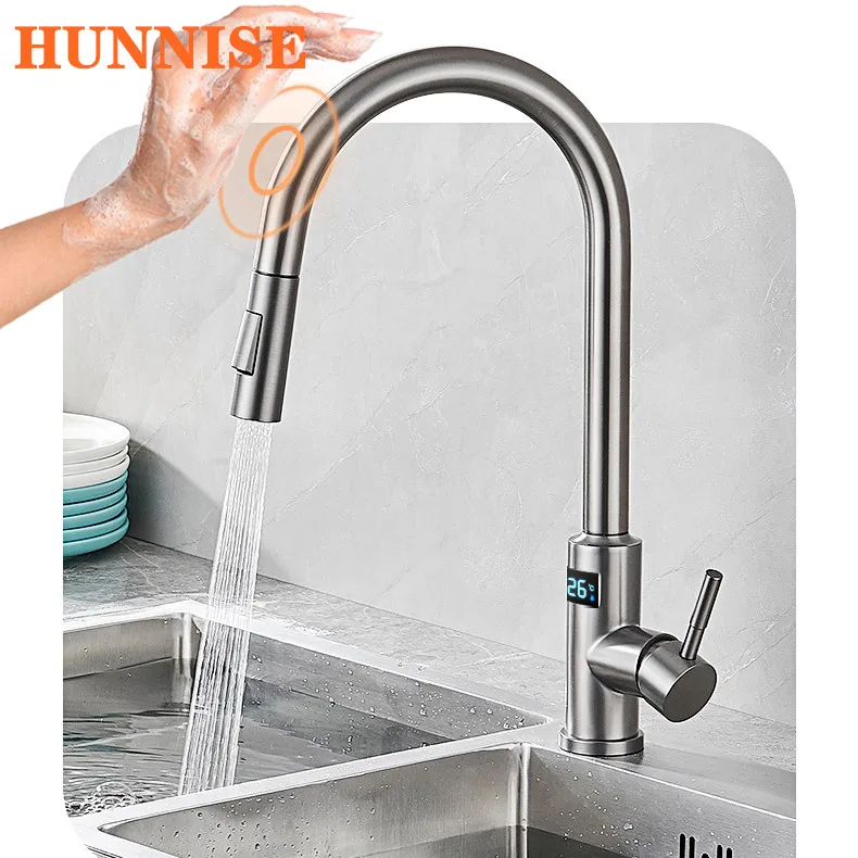 

Digital Kitchen Mixer Faucets Hot Cold Brushed Nickel Pull Out Kitchen Mixer Tap Sensitive Sensor Digital Touch Kitchen Faucet