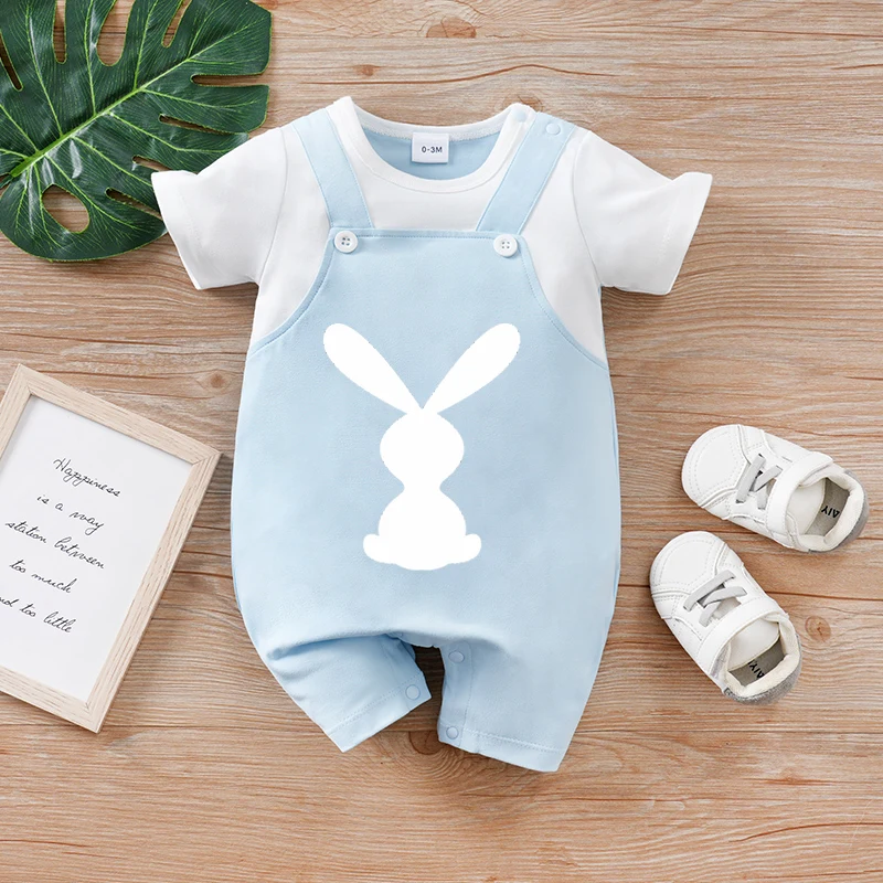 

Весенне-осенний комбинезон из 2 предметов с подтяжками и длинными рукавами, синий комбинезон с круглым вырезом и милым кроликом для новорожденных