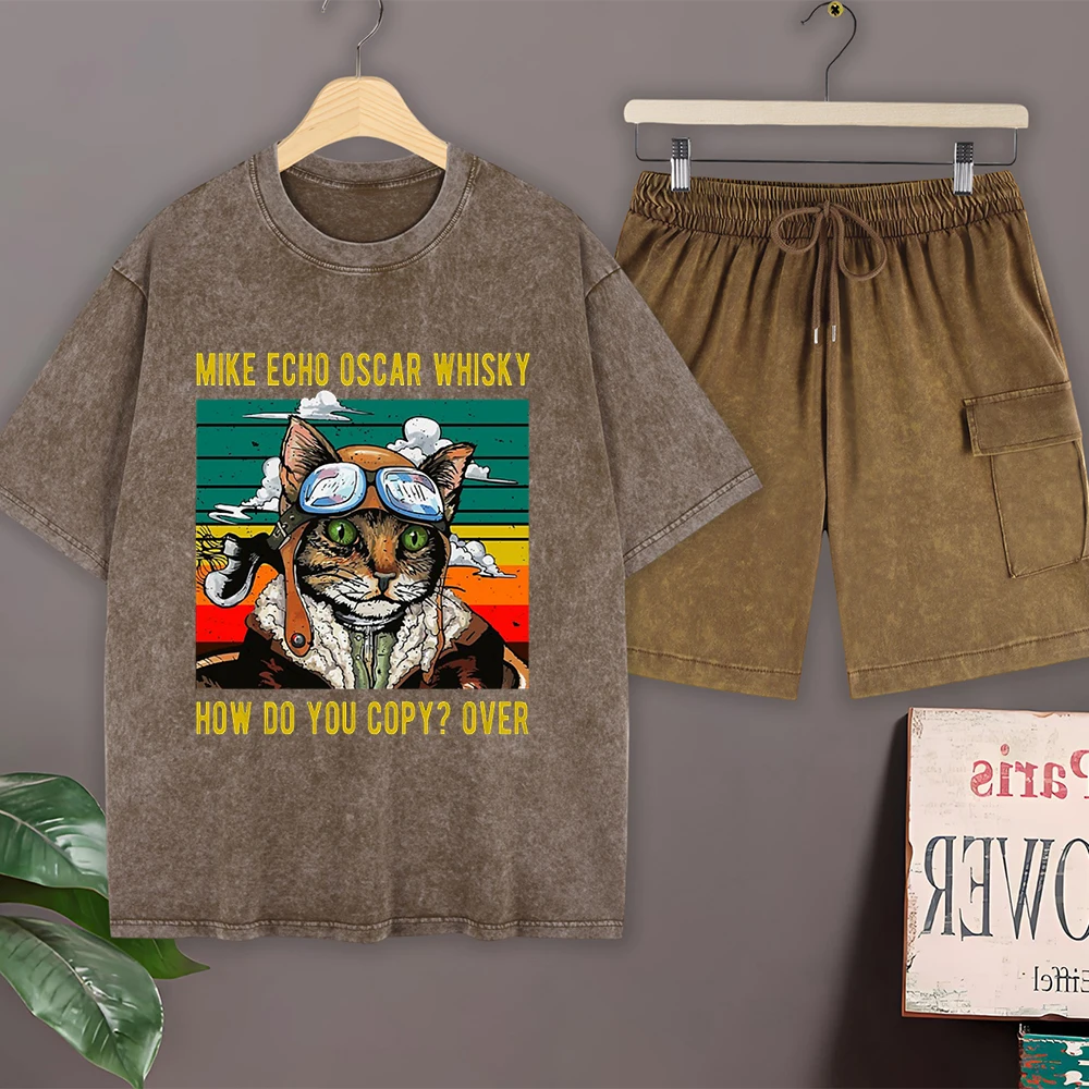 Oscar Whisky Print Cotton Washed T-Shirts Set Mens Casual Oversized T Shirt Cargo Shorts O-Neck Short Sleeve Tops Summer Clothes