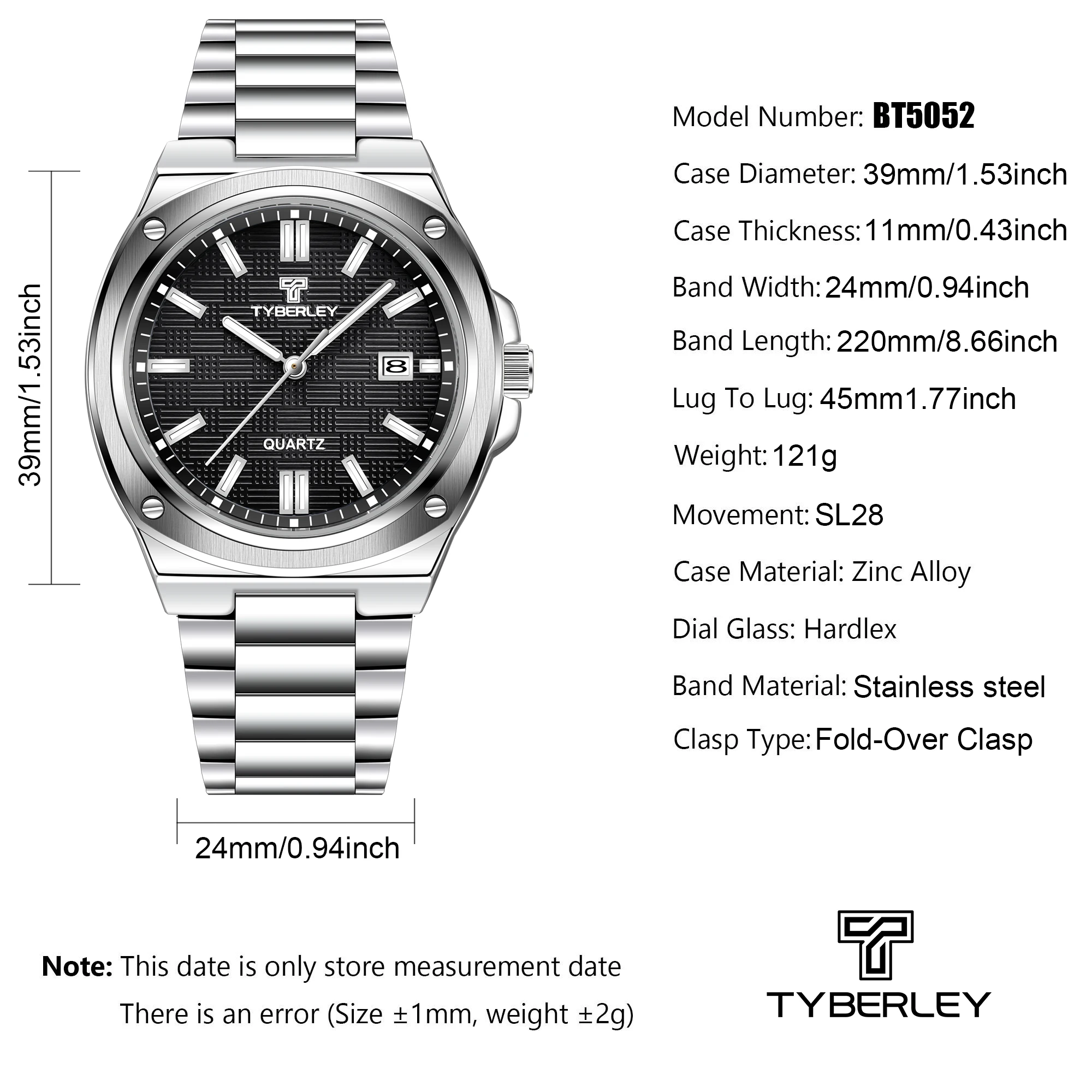 TYBERLEY Men\'s Watches Quartz Watch For Men Top Brand Luxury Waterproof Sports Stainless Steel Business Clock Relogios Masculino