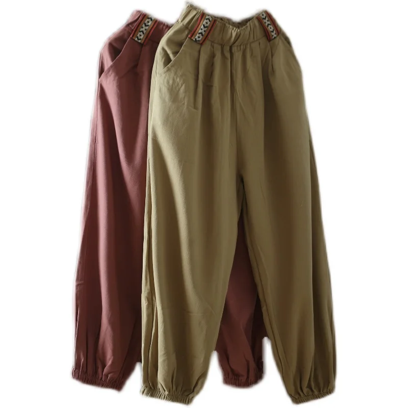 하이웨이스트 코튼 린넨 캐주얼 팬츠 벨트 스플라이싱 밴딩 팬츠 여성용 루즈핏 롱 하렘 팬츠 비대칭 디자인