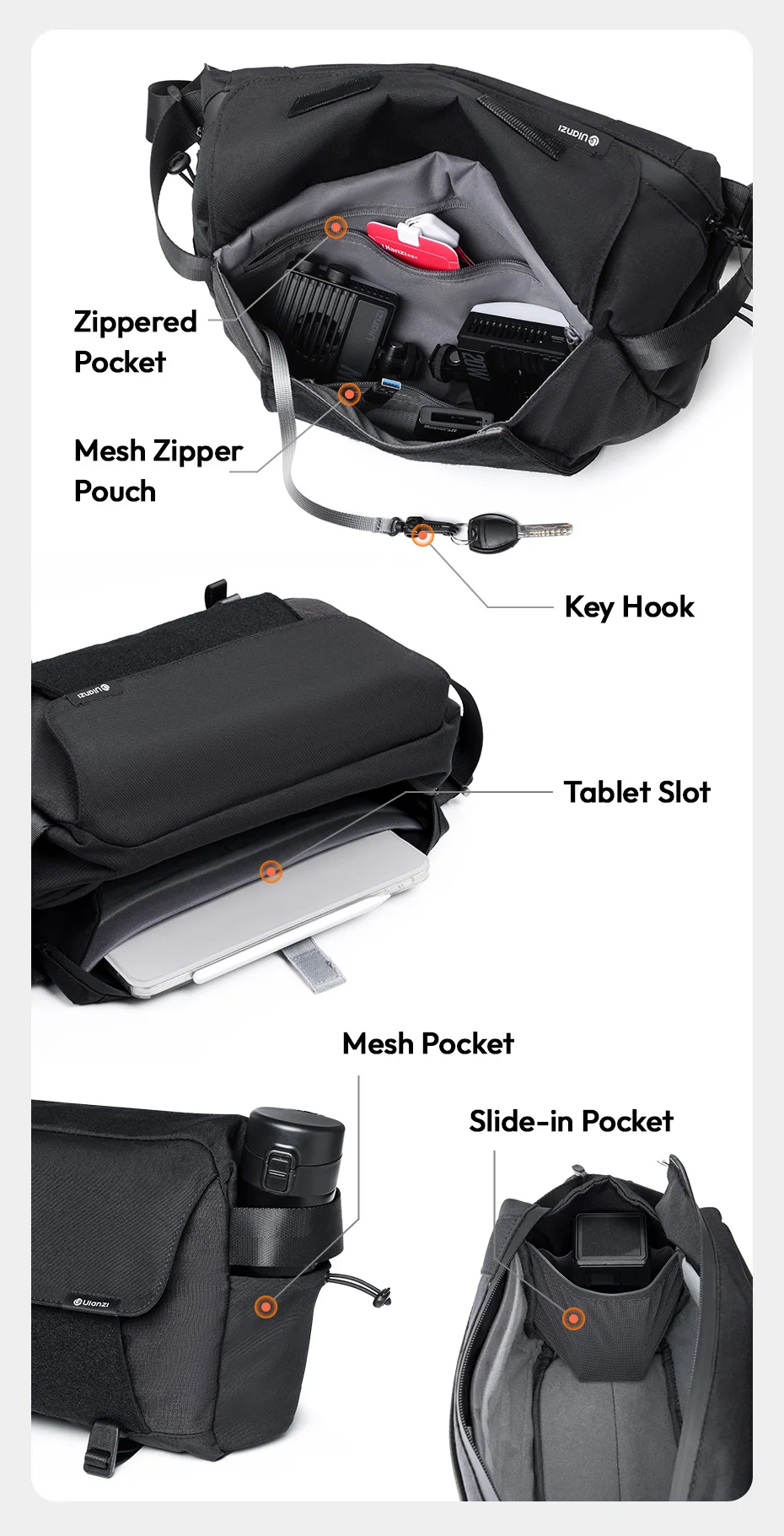 Ulanzi BP11 Umhängetasche für Kameras, 9 l Fassungsvermögen, Schultertasche für Sony, Canon, Nikon, Umhängetasche für Smartphone, Fotografie, digitale Spiegelreflexkamera – Detail 7