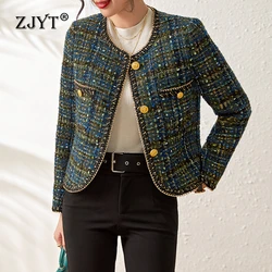 ZJYT elegante ufficio signora Tweed giacca di lana per le donne 2024 moda autunno inverno cappotti Vintage Plaid capispalla Veste Femme