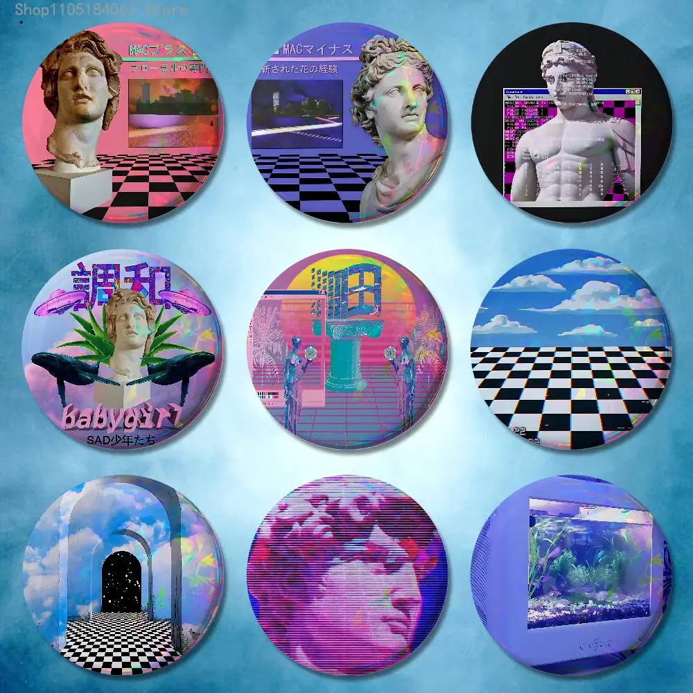 Gif Retro Aesthetic V-Vaporwave Enamel Pin Tinplate Round Brooch Cosplay Nijigen Otaku Culture Badges 58mm 44mm 32mm 75mm 25mm