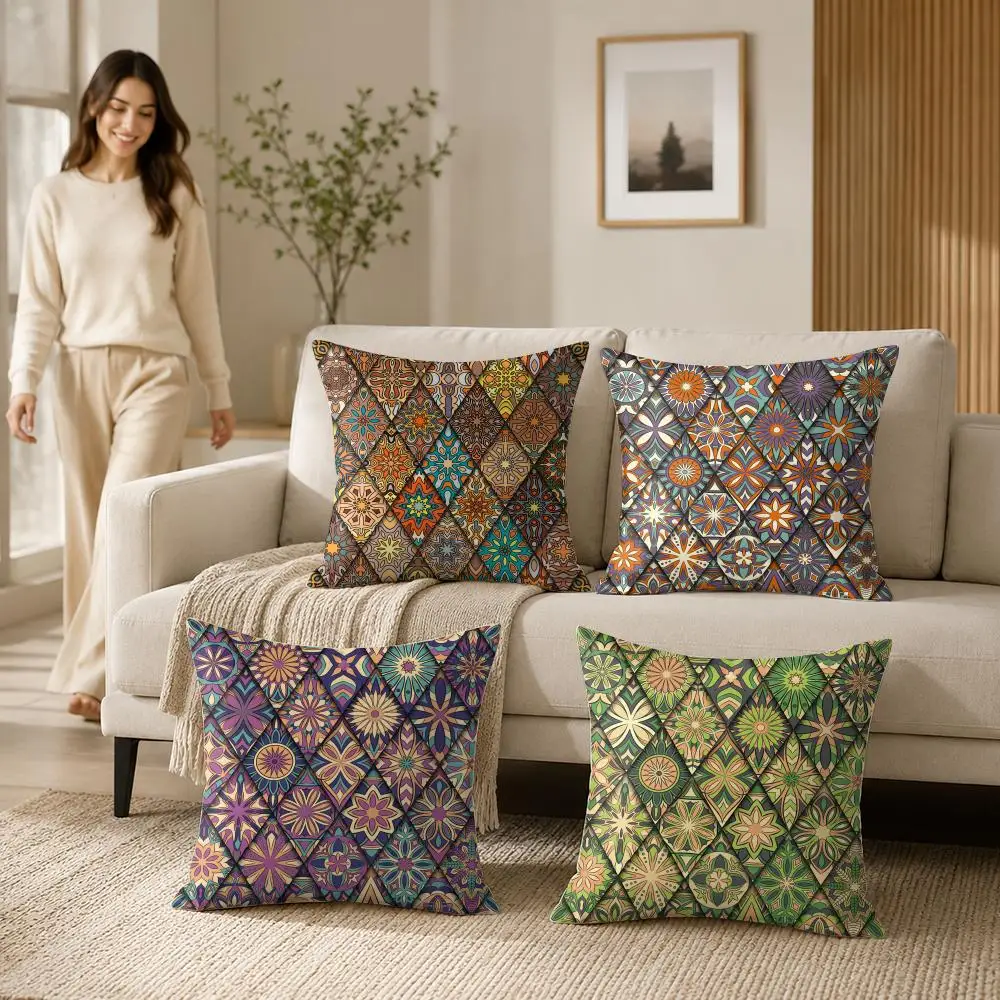 Floral and Mandala Elements Cushion Cover Soft Short Plush Pillow Case Double Sided Print Washable Sofa Home Decor Gift