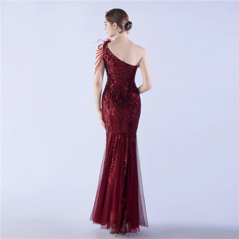 DEERVEADO One Shoulder Mermaid Sequins Evening Dress Elegant for Woman Formal Party Maxi Dress Special Occasion Dress Prom Gown