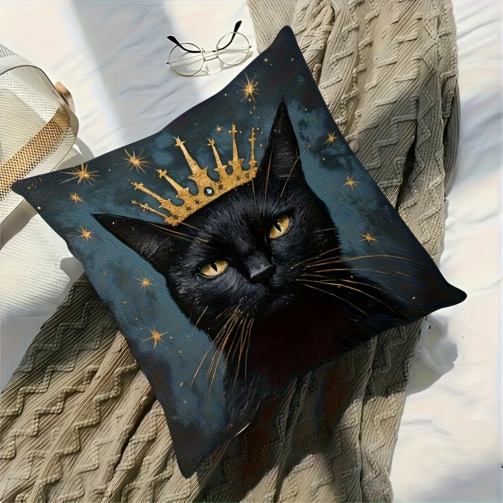1pc Black Cat King with Crown Pillow Cover, 2D Double-Sided Print Polyester Throw Pillow Case, Gothic Starry Sky Decor, Gift for