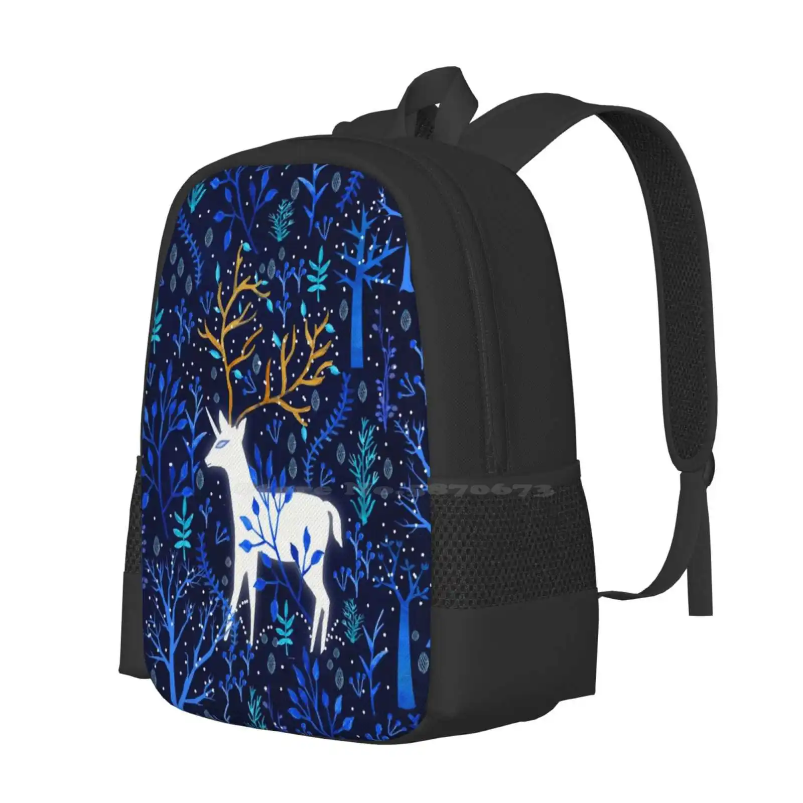 Deericorn In Blue Hot Sale Backpack Fashion Bags Deers Trees Leaves Watercolor Blue Pattern Unicorn Christmas Holiday Winter