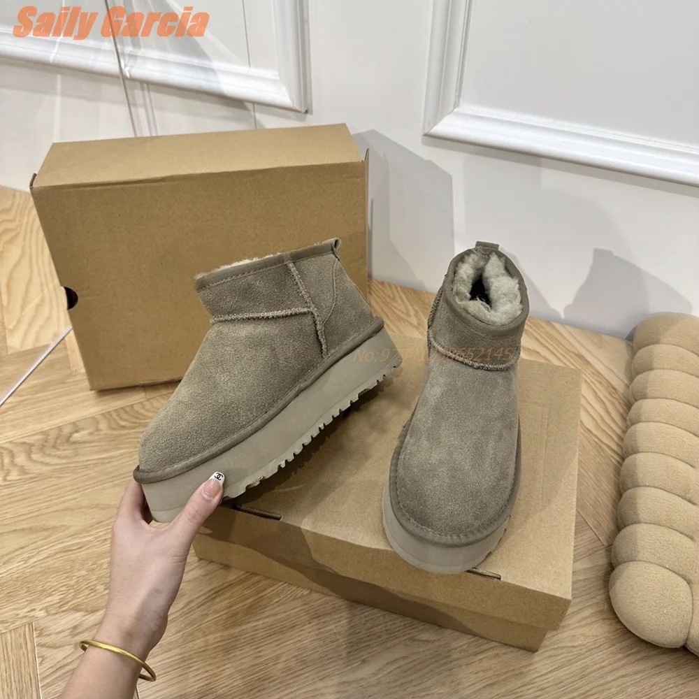 

Thick Fur Ankle Boots Winter Walmly Snow Boots Gray Orange Black Women Boots Heigh Increacing Nubuck Leather 2024 New Flat