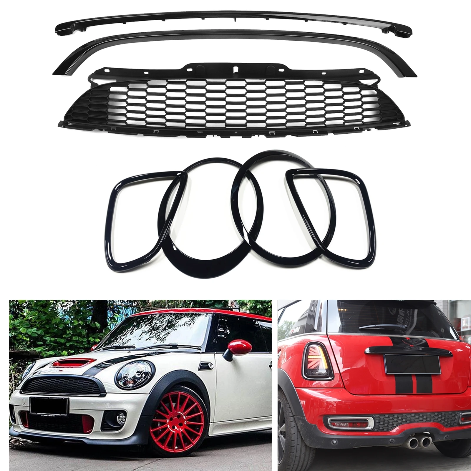 

Front Grille+Headlight Frame+Rear Lamp Cover Bezel+Grill Outline Trim For BMW MINI COOPER R55/R56/R57/R58/R59 2007-2015 JCW Only