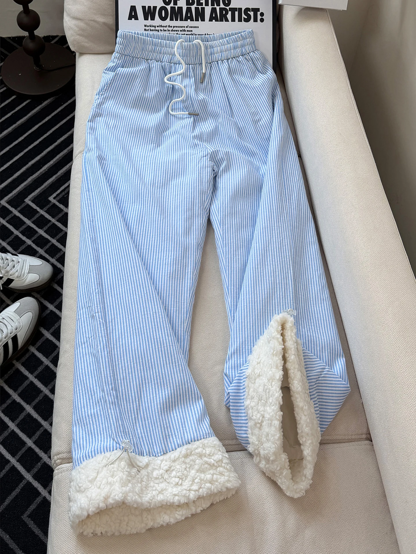 

Couples Winter Warm Cotton Pants Striped Casual Skiing Leisure Lamb Velvet Men's Women's Straight Leg Trousers