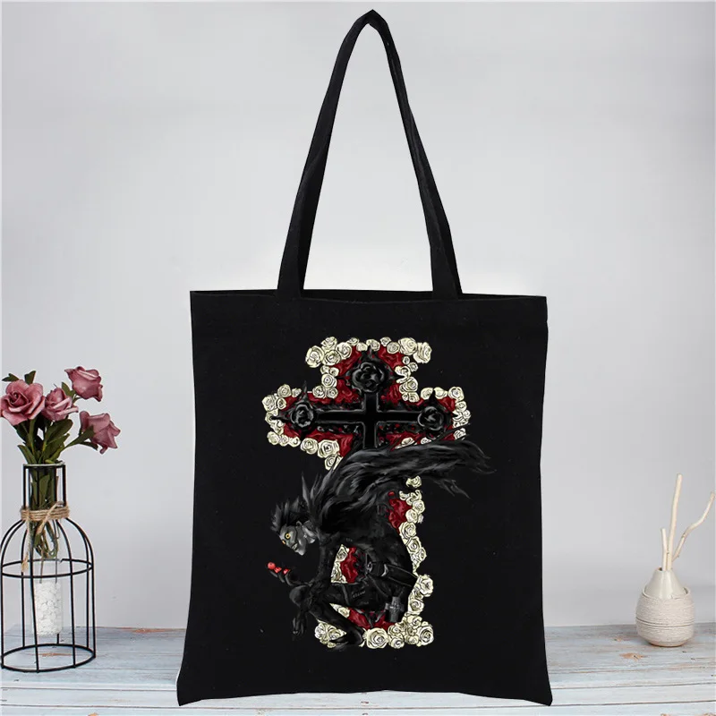 Death Note Light Yagami Near Ryuk L Lawliet Canvas Women College Handbags Black Tote Bag Large Casual Fashion Shoulder Bags