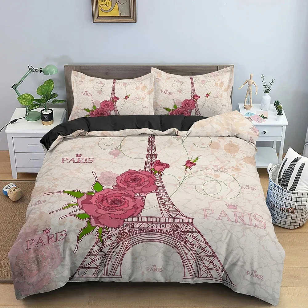 Set biancheria da letto della torre Eiffel Set copripiumino in stile romantico con federa King Queen Size copripiumino per san valentino