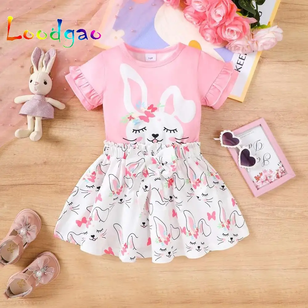 

Easter Egg Short Sleeve Pullover Top and Bowknot Ruffle Skirt for Feastival Party Celebration Girls 2 Pieces Outfit Set
