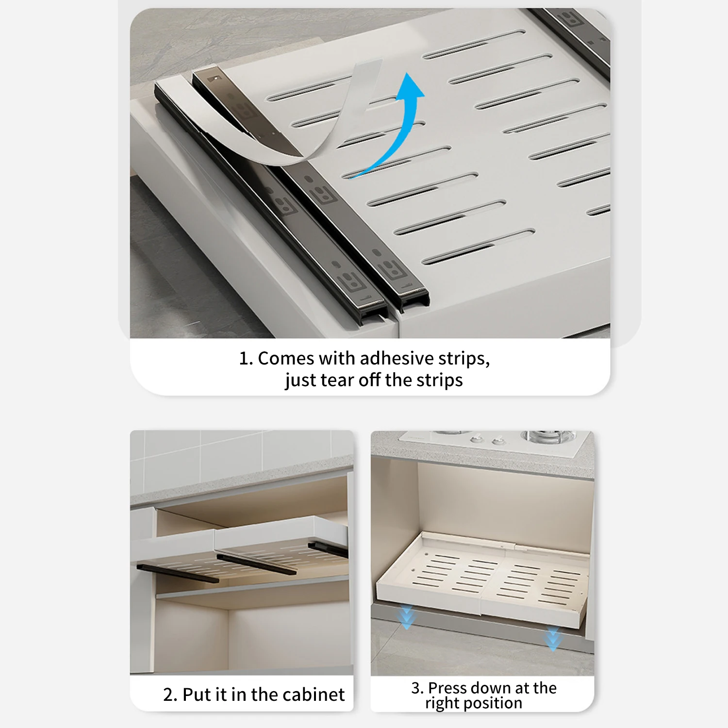 Organisateur de rangement extensible pour placard, structure métallique peinte résistante à l'usure, optimise l'espace des armoires pour les articles divers et les fournitures de cuisine