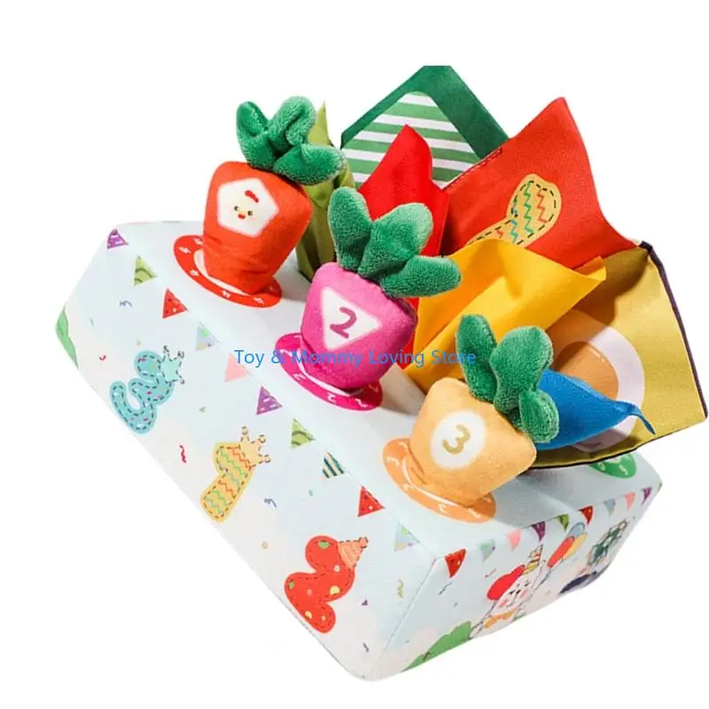 Giocattolo Y1QF Development Baby Tissue Box con carote in tessuto morbido e fogli testuriti