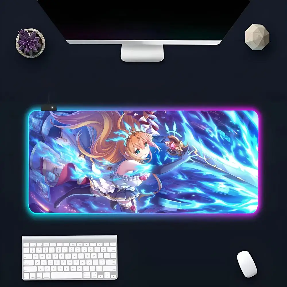 Anime P-Princess C-Connect Pecorine MINISO Mouse Pad RGB Large Gamer Mousepads XXL Keyboard Pads Luminous Desk Mat Backlit