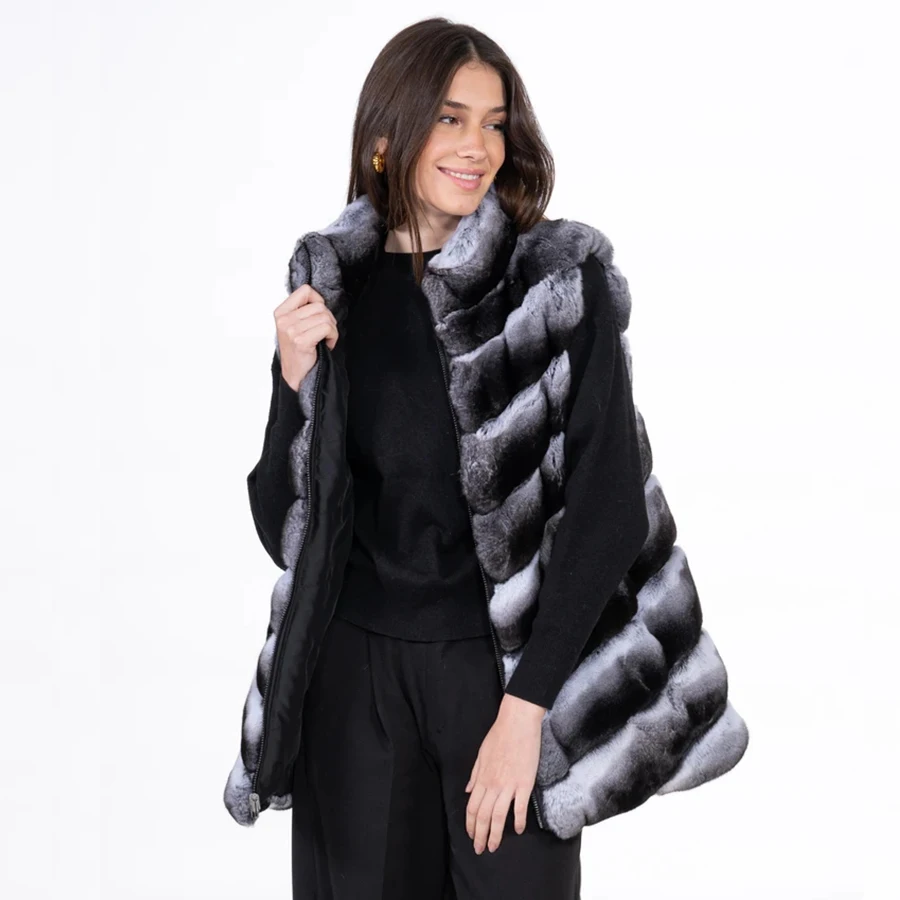 

Natural Rex Rabbit Fur Vest Zipper For Women Chinchilla Fur Coat Hot Styles Winter Warm Fur Vest