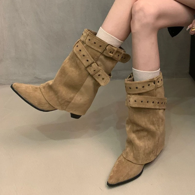 Women's Western Boots Street Style Belt Buckle Ladies Booties Chunky Heels Pointed Toe Folded Tube Mid-calf Boots WSH5854