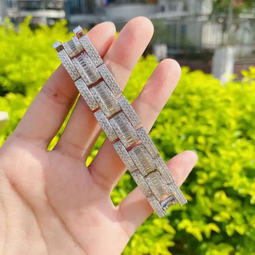 

Luxury Jewelry Hip Hop Baguette Vvs Moissanite Watch Band Iced Out Men Cuban Link Bracelet Chain