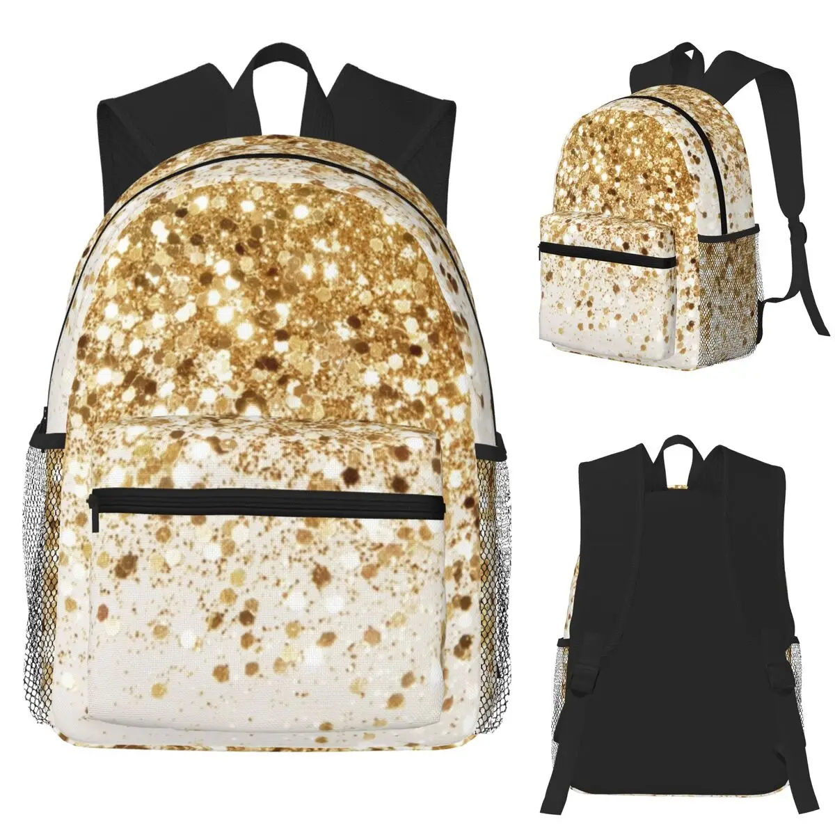 

Черный и золотой блестящий узор, студенческий рюкзак, школьная сумка, походный дорожный рюкзак для мужчин и женщин, сумки на плечо