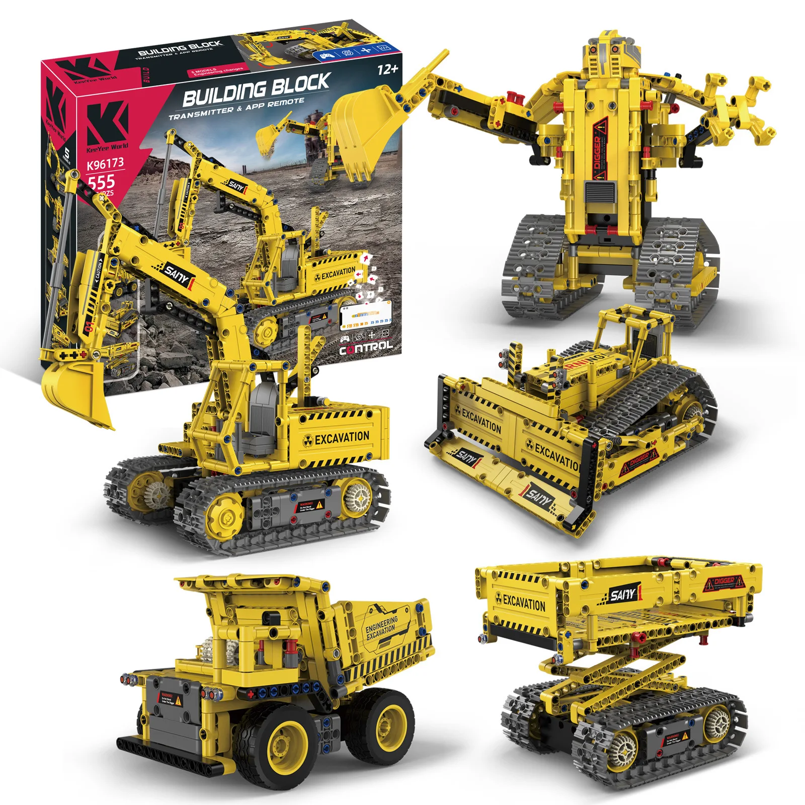 NEW 5 IN 1 Technical Remote Control Excavator Building Blocks City Engineering Truck Model Bricks Bulldozer Toys For Kids Gifts