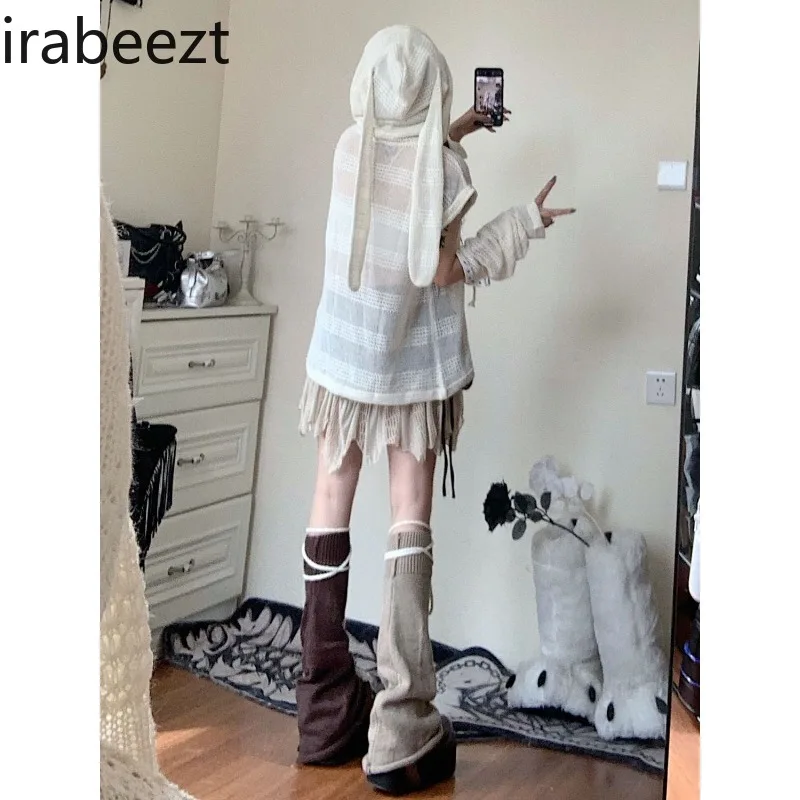 Ladies Tops Lazy Style Knitted Rabbit Ear Hoodie Loose Versatile Design Sense Hollow Out Removable Sleeve T-shirt Women Clothing